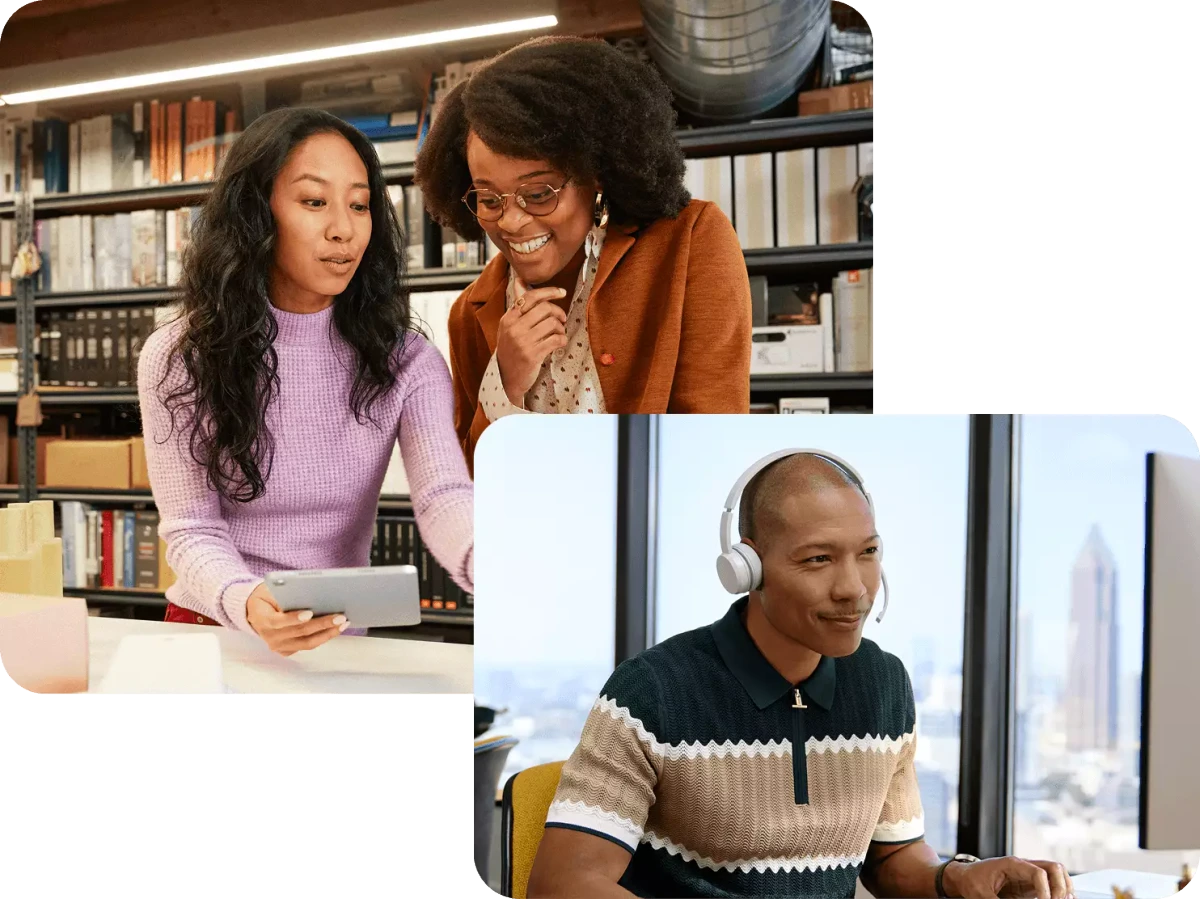 Zendesk brand image showing two women collaborating with a tablet and a man doing customer support with a headset in a professional office setting.
