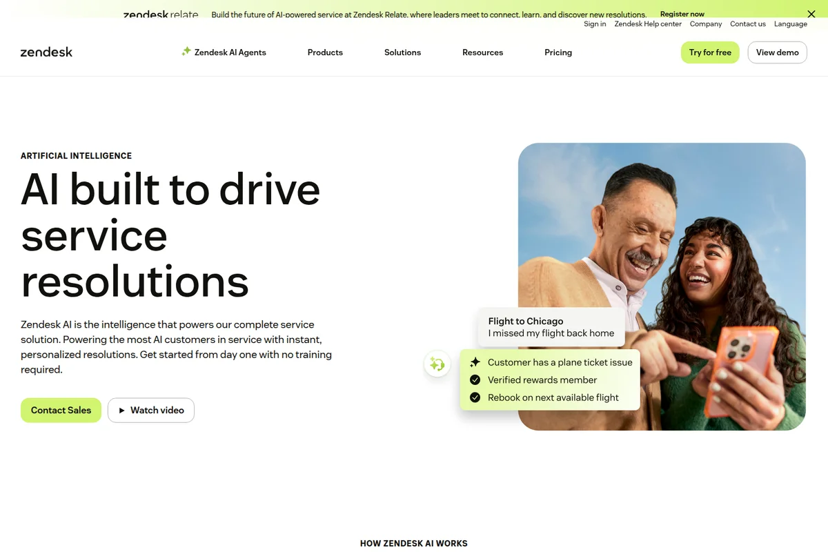 Zendesk AI feature showing intelligent service resolutions with AI-generated suggestions for a flight issue in a clean UI.