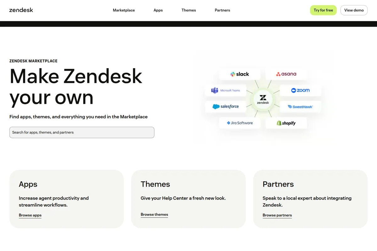 Zendesk marketplace page showing app, theme, and partner integrations with a clean, modern interface.