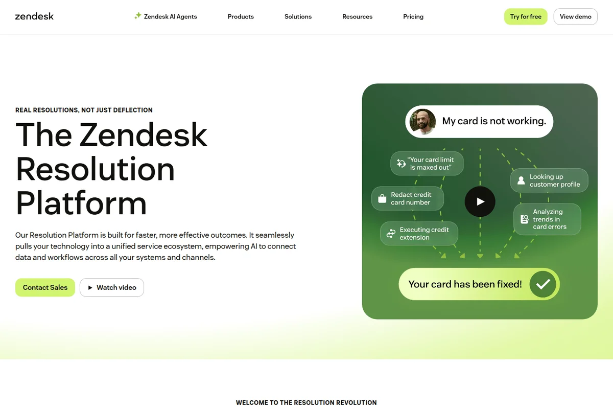 Zendesk landing hero showing AI-powered credit card issue resolution flow with a clean, modern graphic.