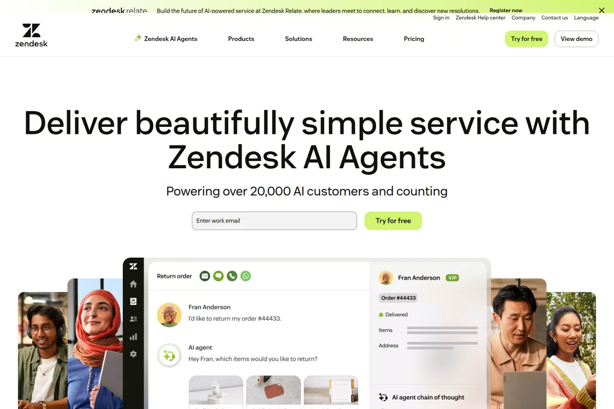 Zendesk AI Agents feature deep-dive showing an AI agent assisting with a return order in a clean, modern interface.