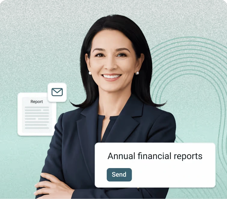 Zeni AI assistant showing annual financial reports being sent with a clean, friendly interface.