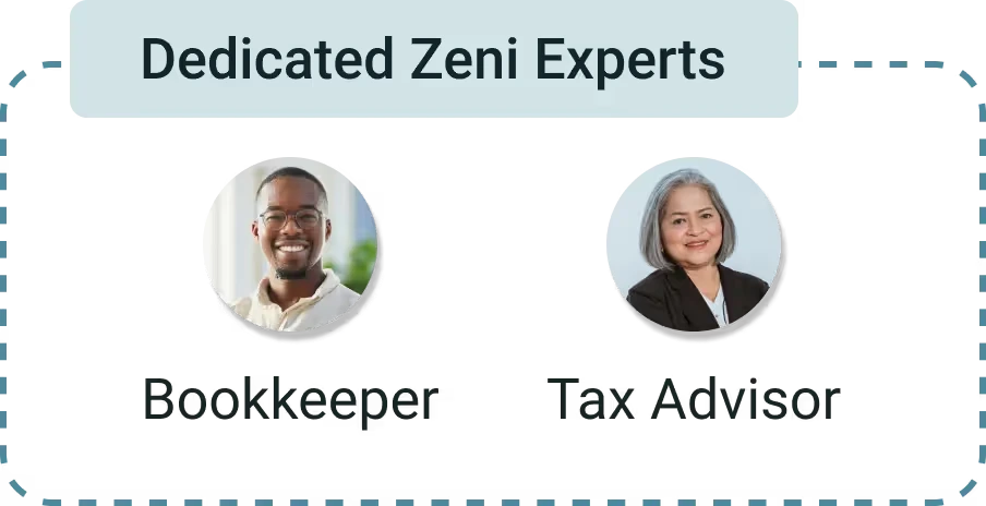 Zeni Experts section showing a male bookkeeper and a female tax advisor smiling, representing dedicated support.