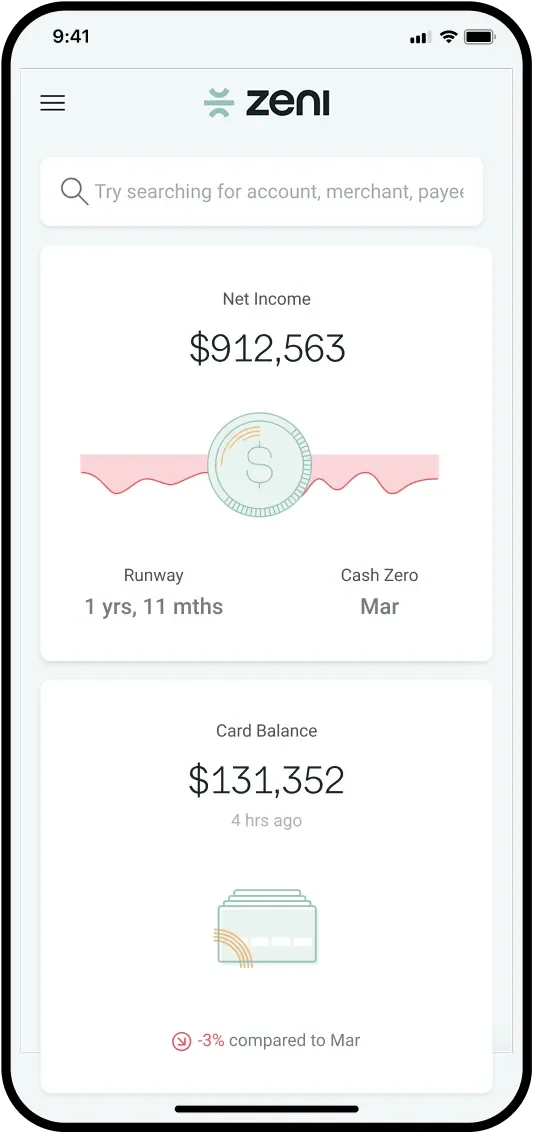 Zeni financial dashboard showing net income of $912,563 and a card balance of $131,352 with a clean light-theme interface.