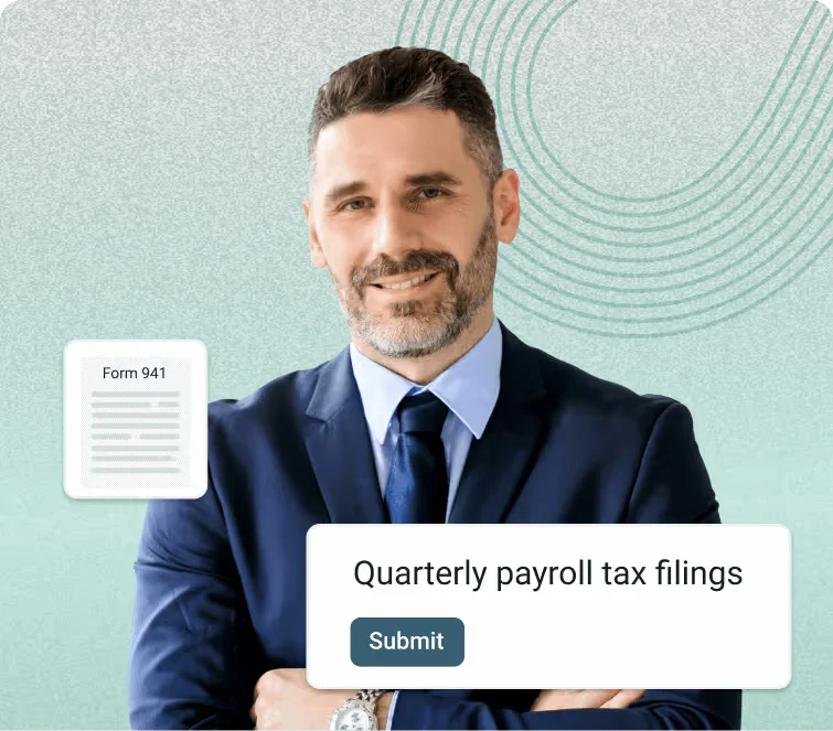 Zeni feature deep-dive showing a smiling man presenting payroll tax filing documents with a clean, modern interface.