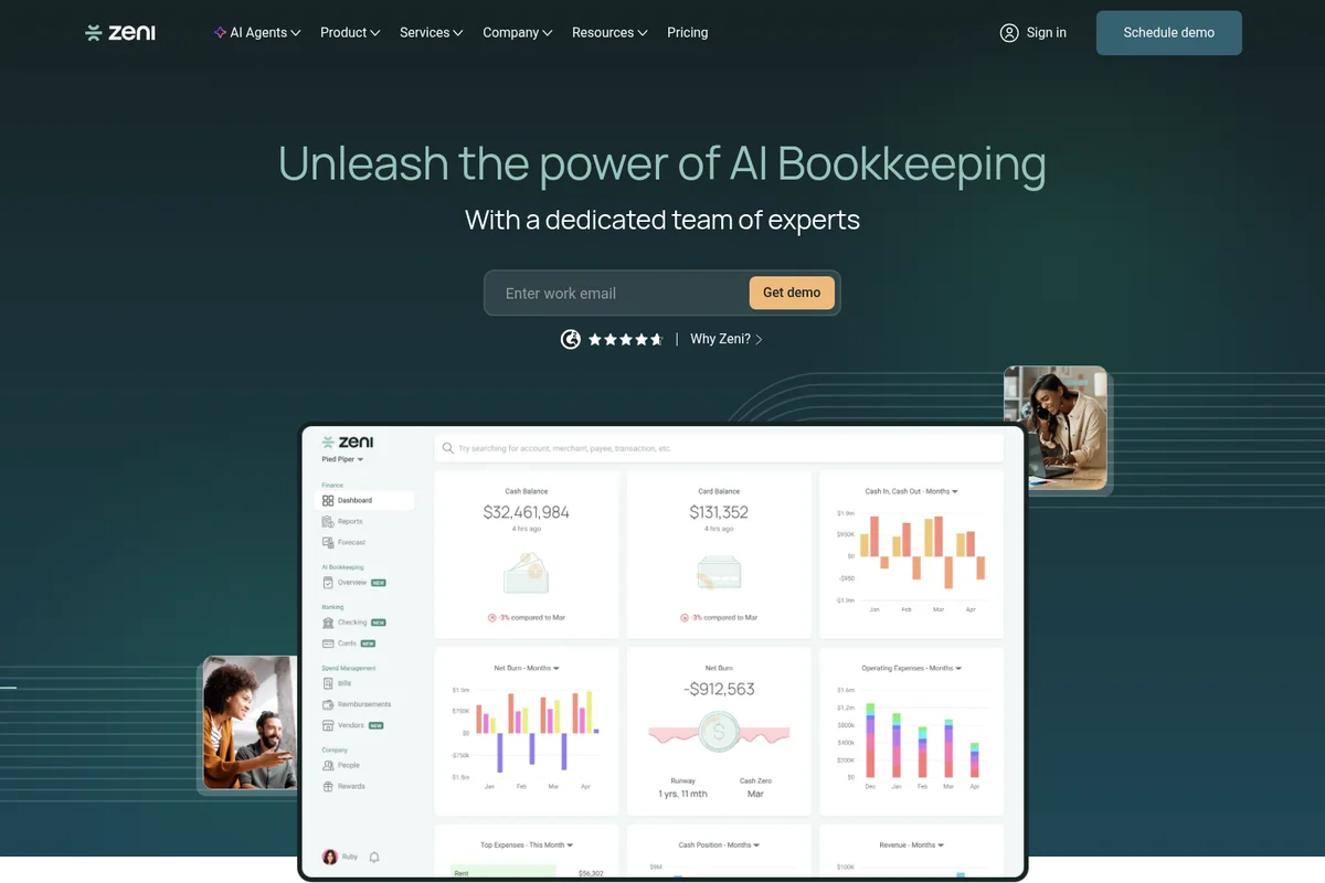 Zeni homepage with AI bookkeeping dashboard displaying cash balance, net burn, and operating expenses in a clean dark-themed UI.