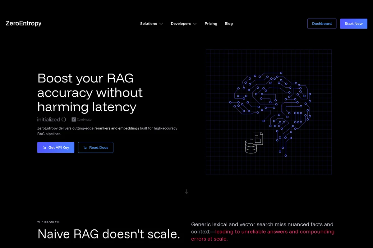 ZeroEntropy landing page hero section showcasing RAG accuracy benefits with a dark-mode modern interface and AI brain graphic.