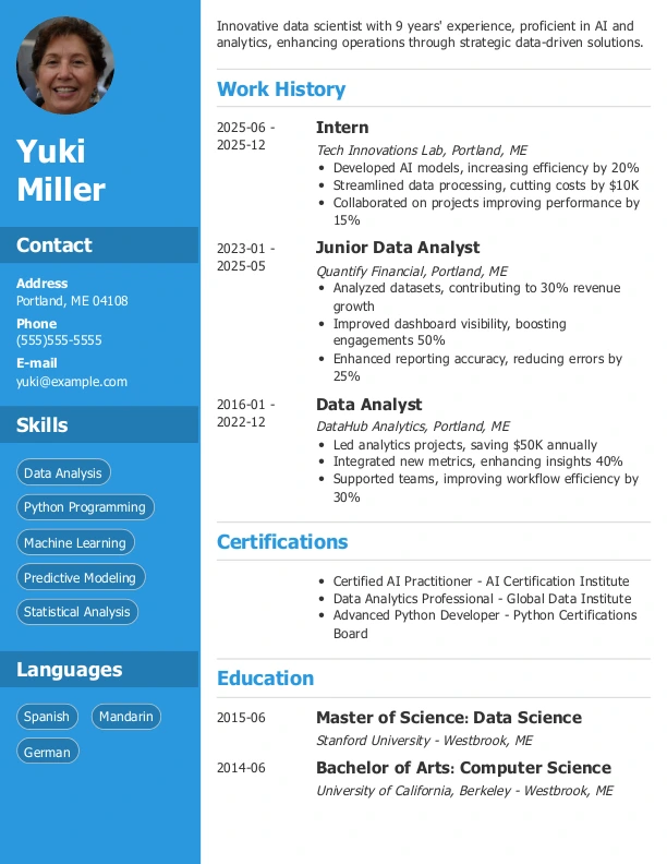 Zety resume sample showing a data scientist's profile with a professional blue and white layout.