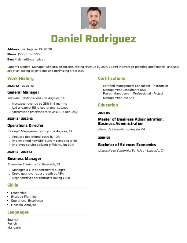 Zety resume template output displaying Daniel Rodriguez's work history, education, and skills in a clean, professional format.