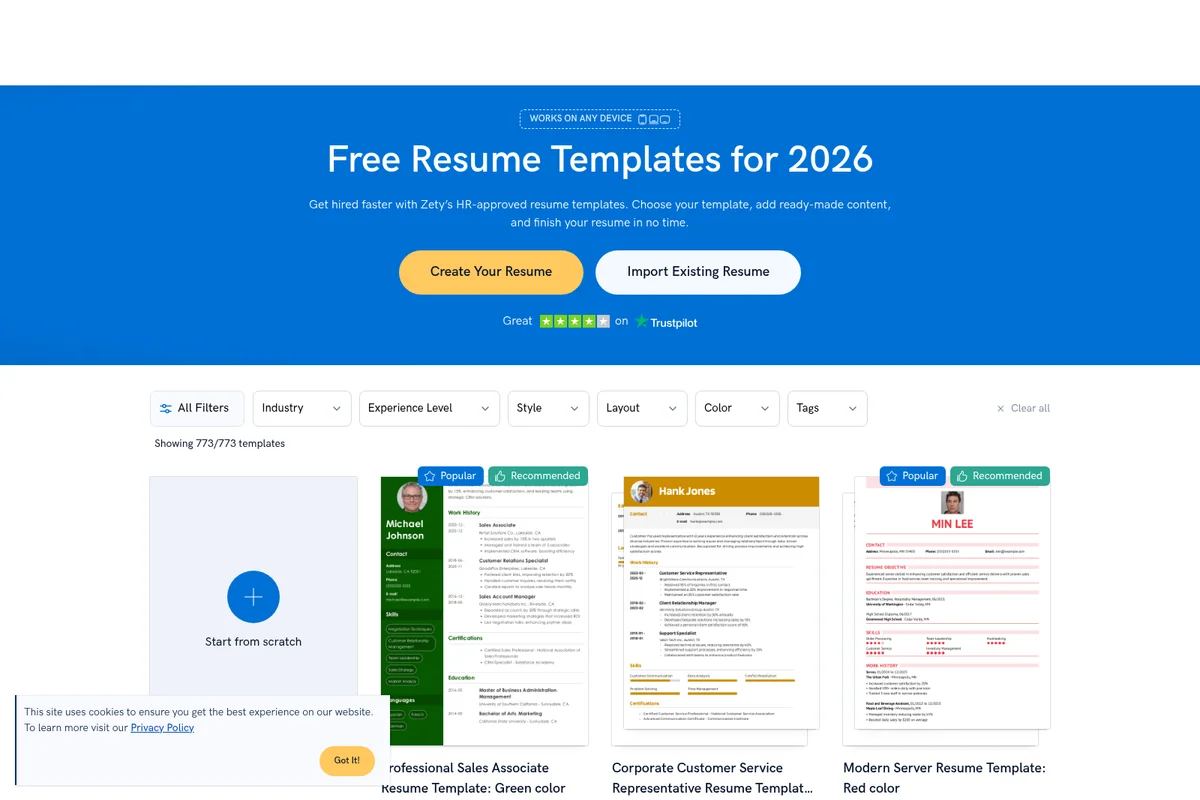 Zety homepage showing free resume templates for 2026, with filtering options and 'Create Your Resume' call to action, presented in a clean, modern interface.