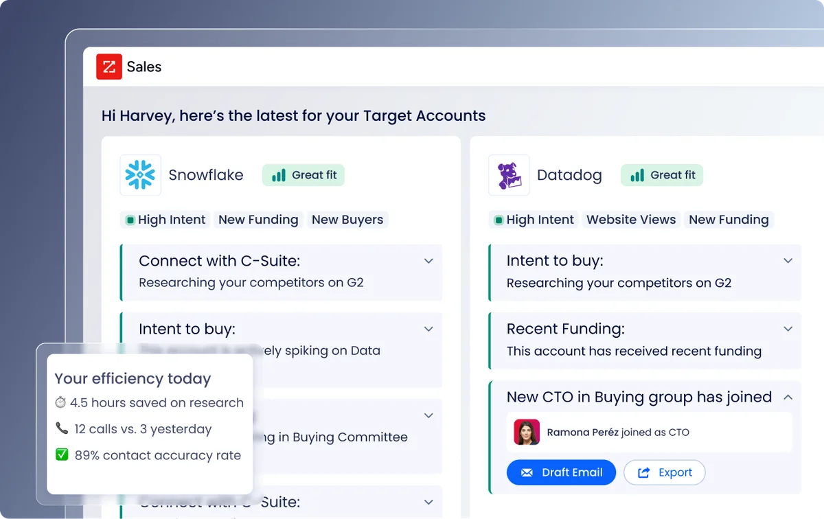 ZoomInfo Sales dashboard showing target account activity for Snowflake and Datadog with an efficiency summary.