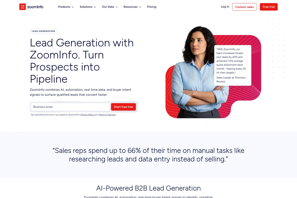 ZoomInfo Lead Generation landing page showcasing the value proposition and a customer testimonial from Thomson Reuters with a modern design.