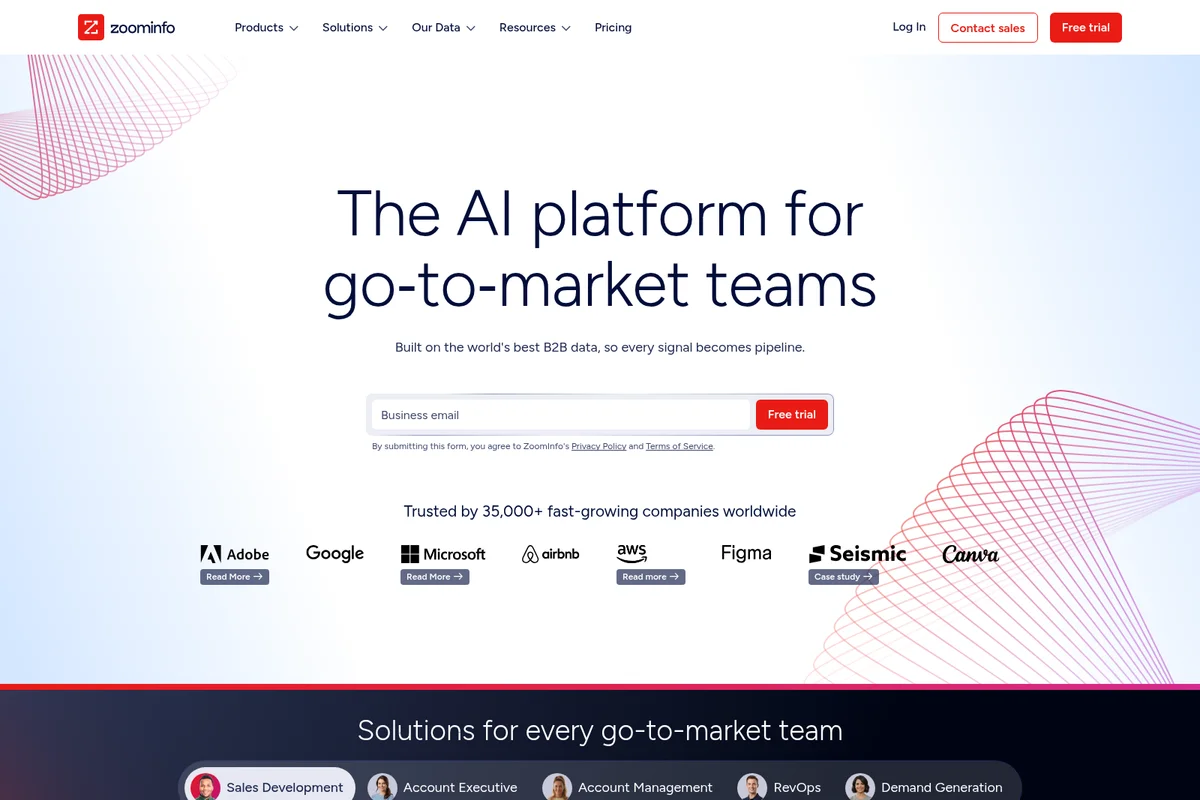 ZoomInfo homepage hero promoting its AI platform for go-to-market teams with a clean, modern design.